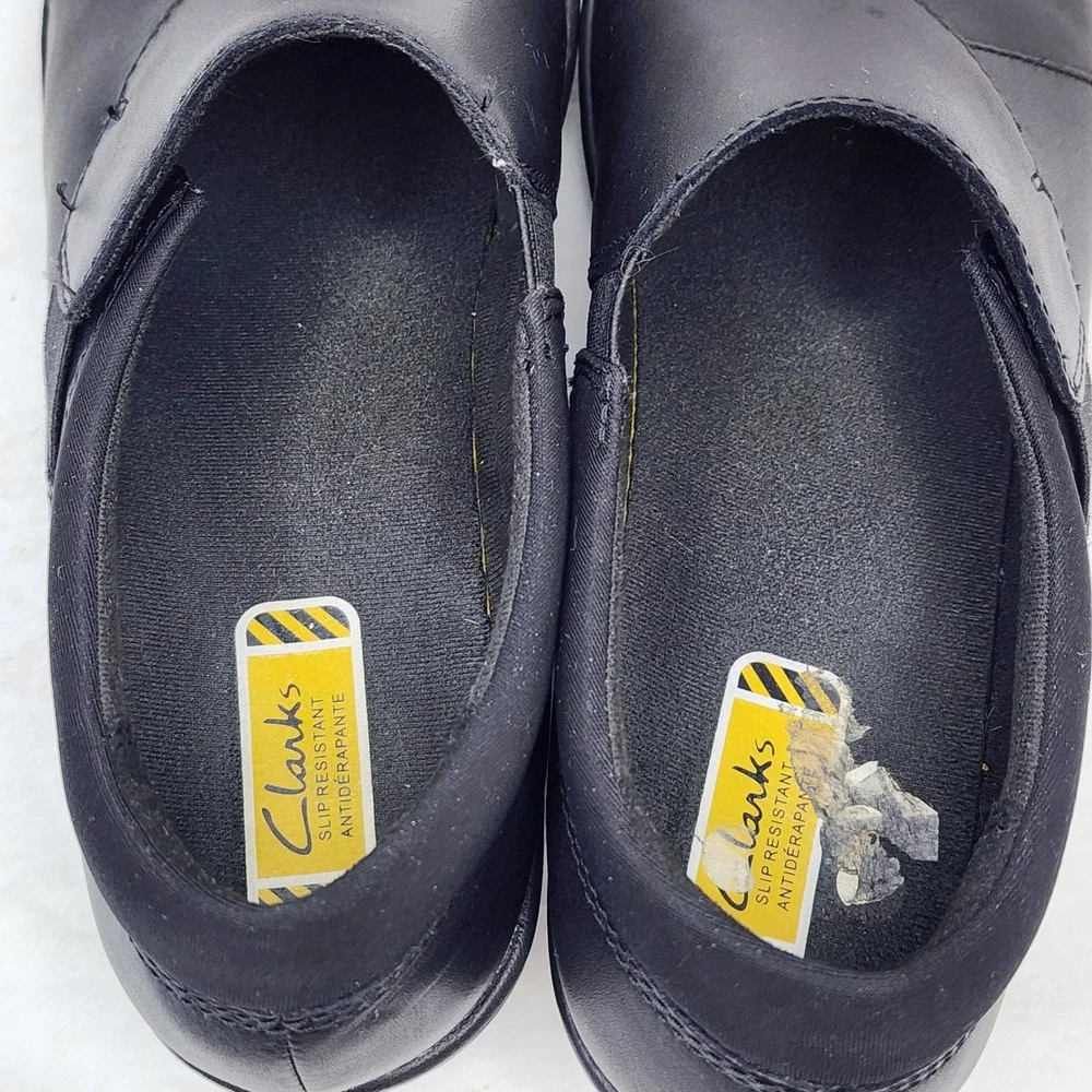 Clarks Slip Resistant Loafers Women 8.5 Black Leather Wedge Work Shoes 26142720